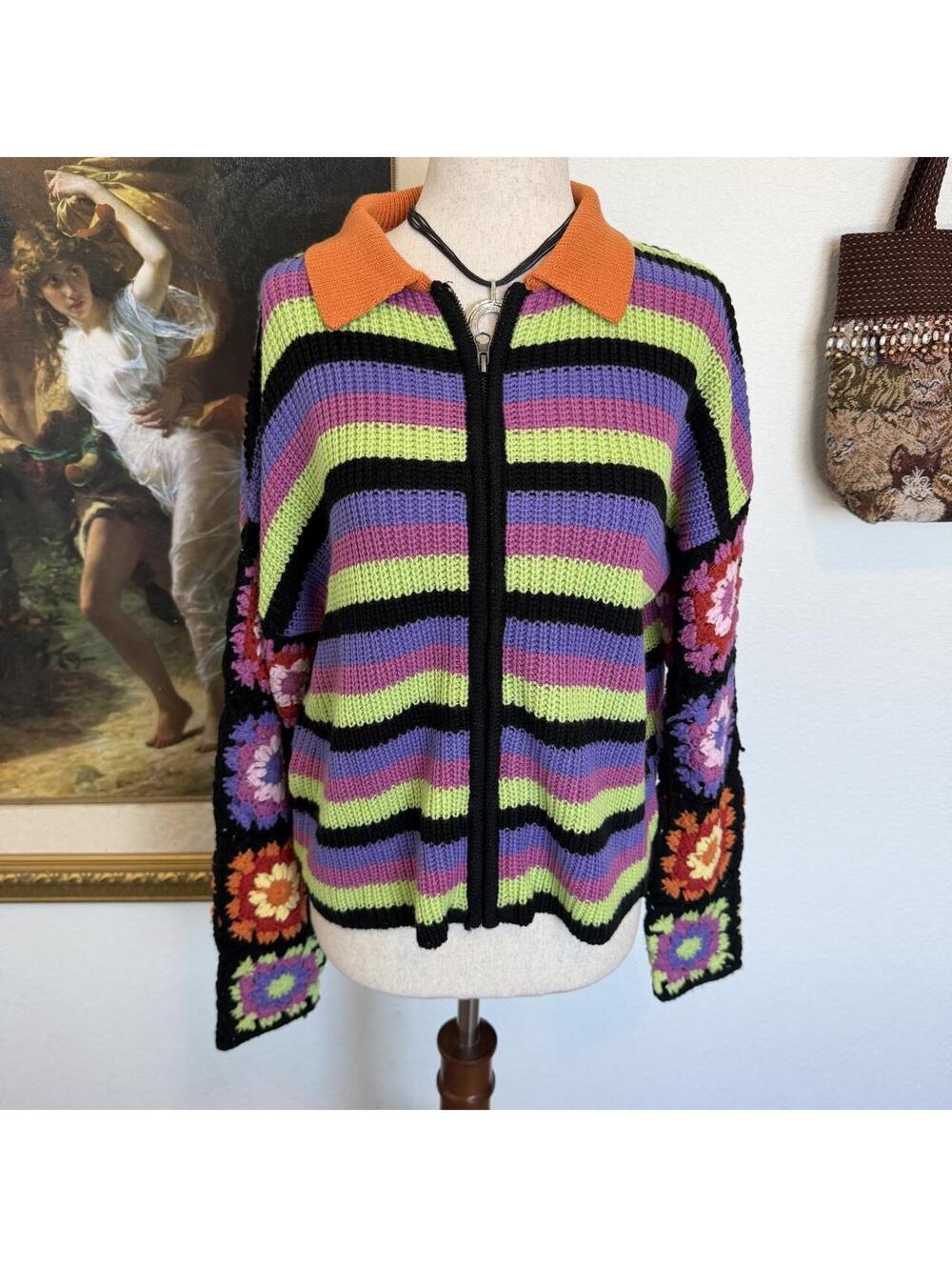 Autumn Granny Square Zip Up Collared Sweater